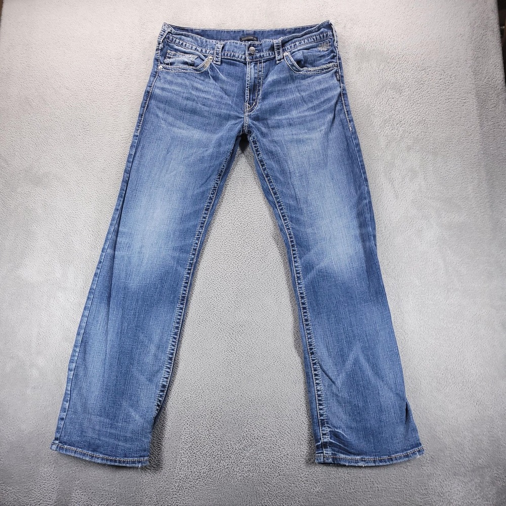 Silver Jeans Mens 38 Blue Zac Relaxed Straight Medium Wash Stretch Distressed